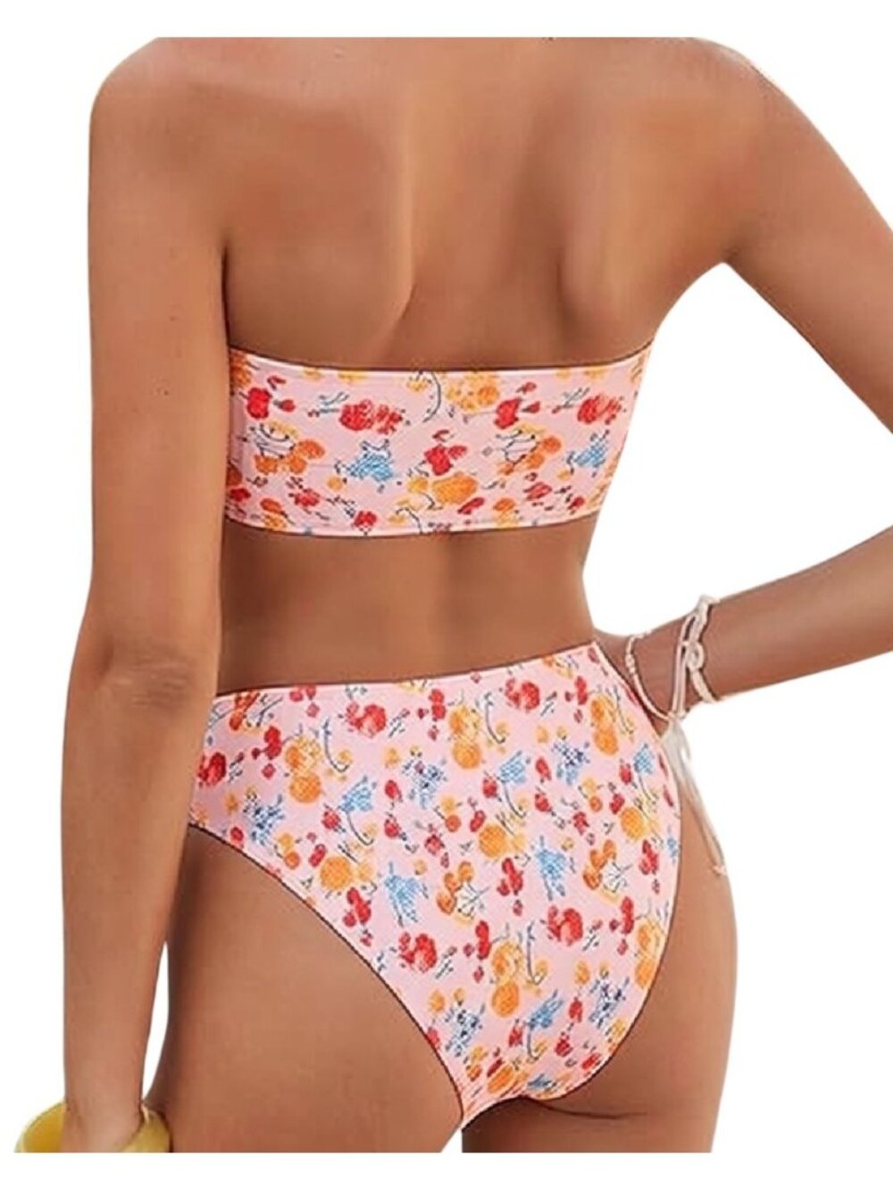 Medium Pink Floral Ribbed Bandeau Bikini Set With Tie Front Cheeky Bottom NWT - Picture 2 of 4